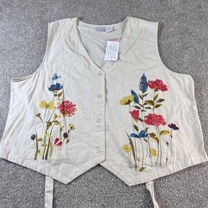 NWT Blair Floral Embroidered Vest 3XL Cotton Linen Sleeveless Button Down Top